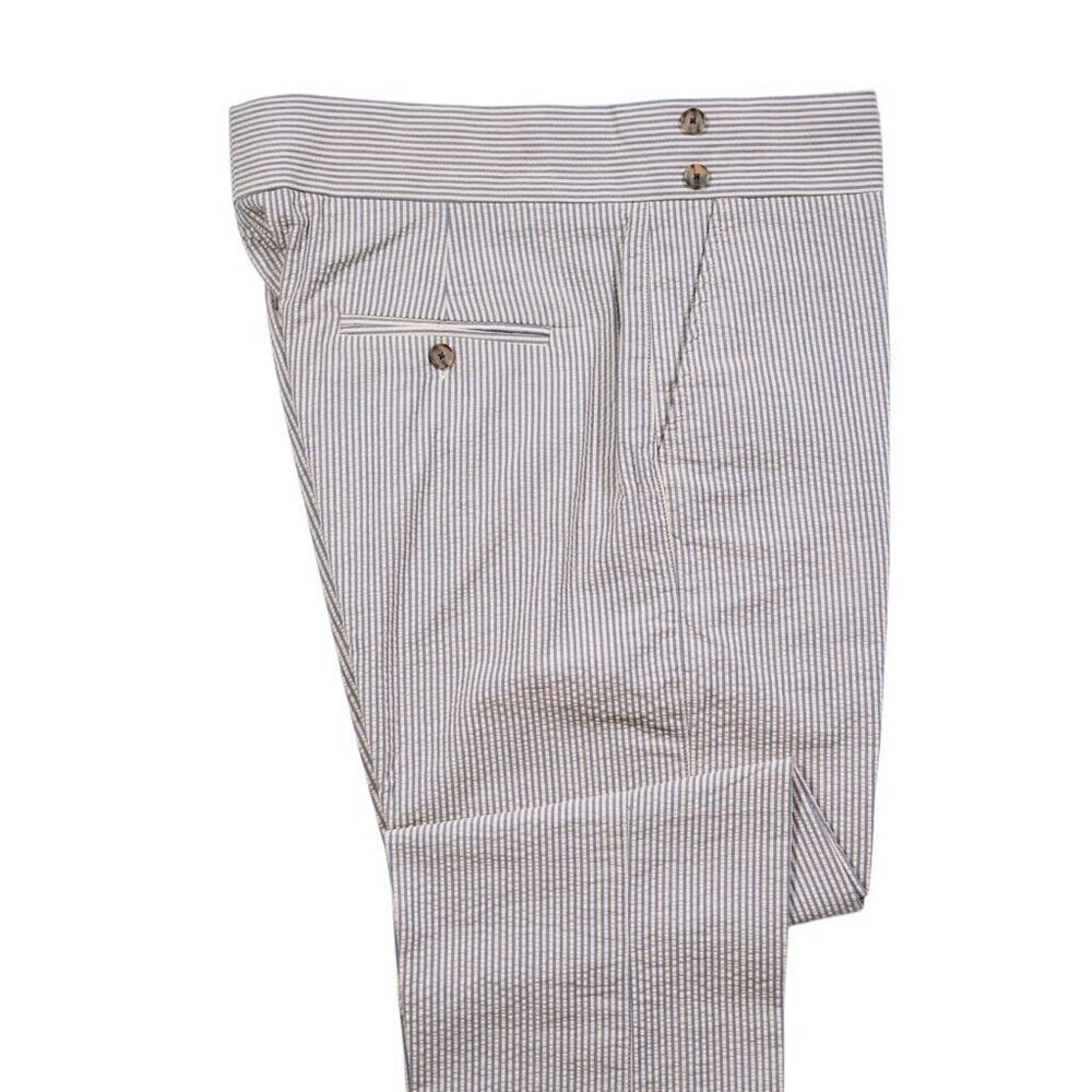 Mens Gurkha Pants Beige Blue Striped Seersucker Slim Straight Chino Trousers 36 - Picture 6 of 7